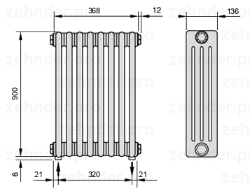 Схема (чертеж) Радиатор Zehnder Charleston 4090/8 №3570 Белый глянцевый RAL 9016